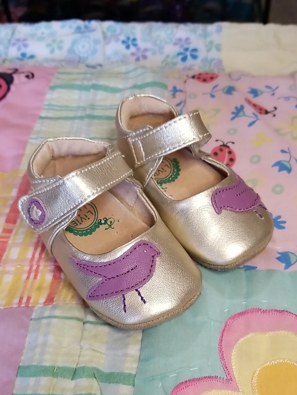 Livie & Luca Metallic Leather Mary Janes with Purple Bird 0-6 Month Pio Pio